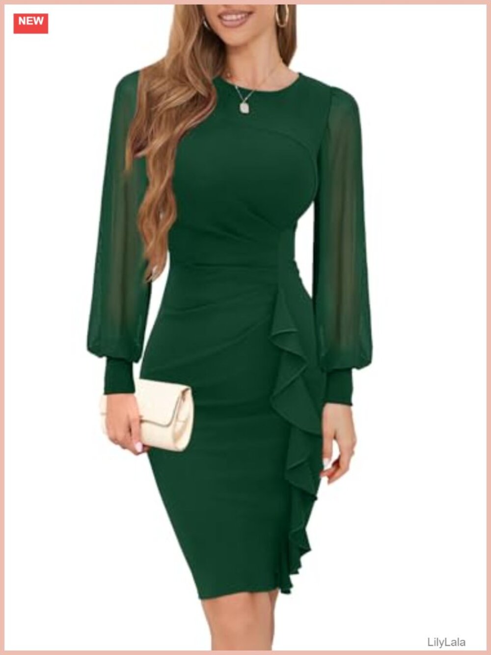 Women's Long Sheer Sleeve Ruched Sheath Bodycon Cocktail Work Dress